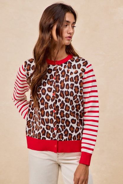 BiBi Leopard With Stripe Combo Buttoned Cardigan