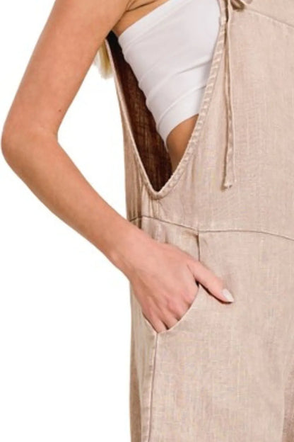 Zenana Washed Linen Knot Strap Rompers