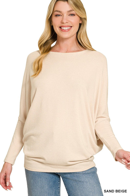 Zenana Hacci Dolman Sleeve Boat Neck Top