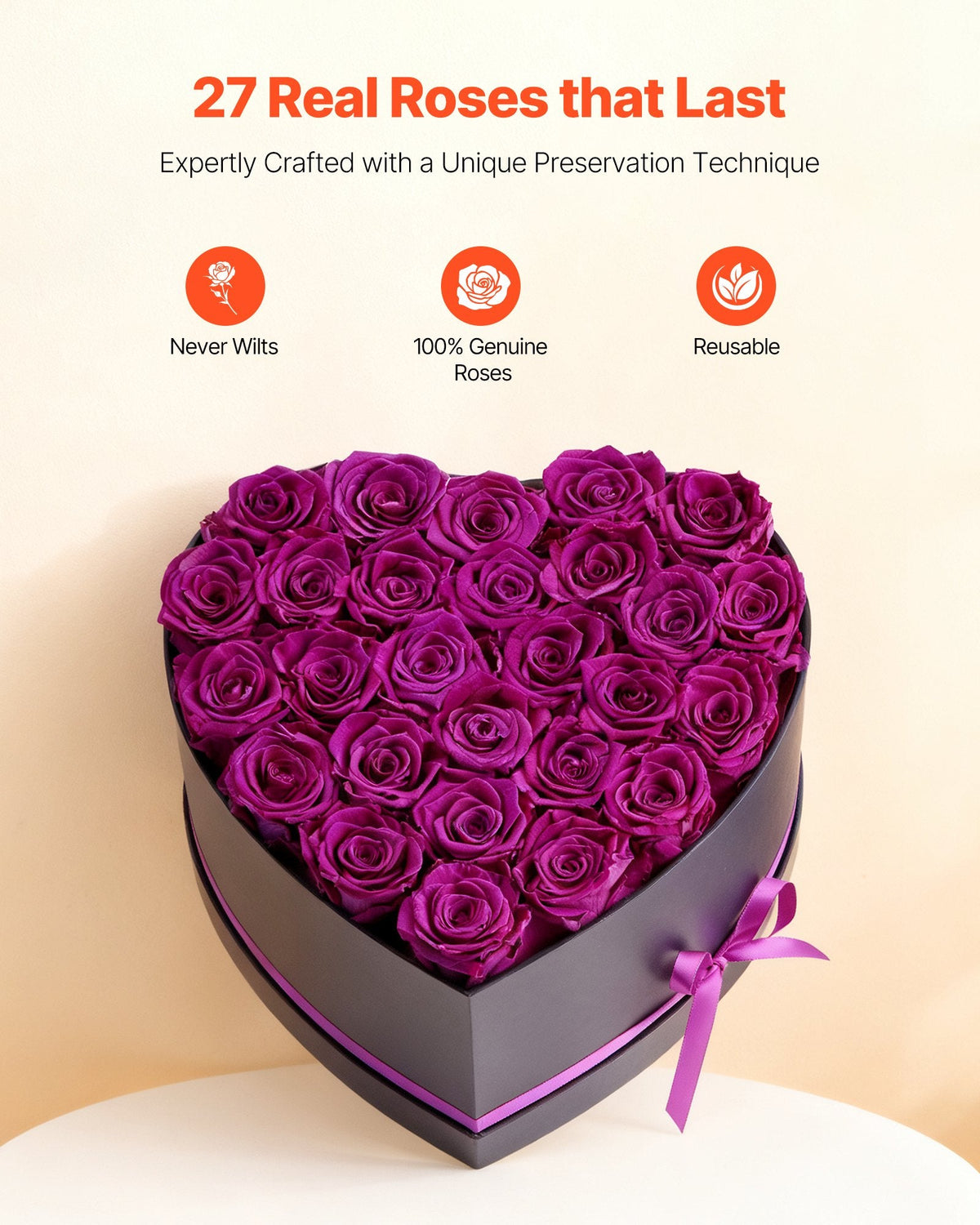 Forever Flowers, 27 Preserved Roses In Heart Shape Box, Eternal Flowers Immortal Bouquet Birthday Present For Women Her Wife Mothers, Anniversary, Valentine's Day,Christmas, Purple