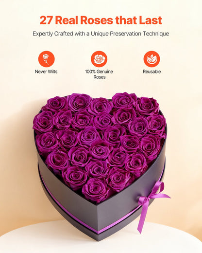 Forever Flowers, 27 Preserved Roses In Heart Shape Box, Eternal Flowers Immortal Bouquet Birthday Present For Women Her Wife Mothers, Anniversary, Valentine's Day,Christmas, Purple