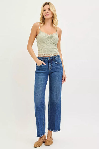 RISEN Tummy Control High Rise Ankle Straight Jeans with Crease Line