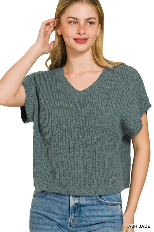 Zenana Textured Knit V-Neck Cropped Sweater