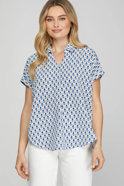 She + Sky Full Size Printed Johnny Collar Short Sleeve Blouse Plus Size