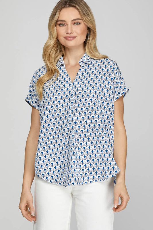 She + Sky Full Size Printed Johnny Collar Short Sleeve Blouse Plus Size