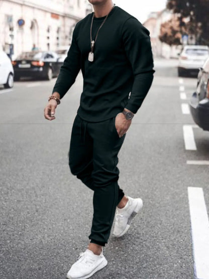 Men's Full Size Round Neck Long Sleeve Top and Pants Set Plus Size
