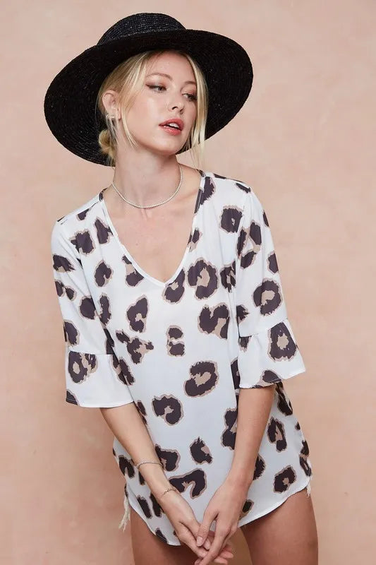 BiBi Leopard Printed V Neck Woven Top with Ruffled