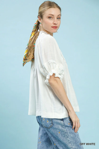 Umgee Smocked Yoke Blouse with Ruffle Sleeves