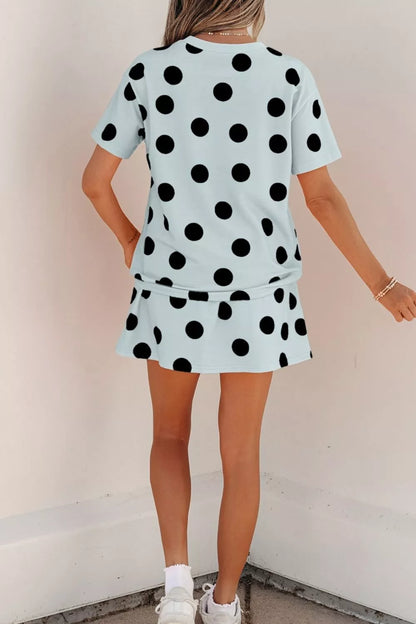 Polka Dot Short Sleeve Top Casual Skort 2pcs Outfit