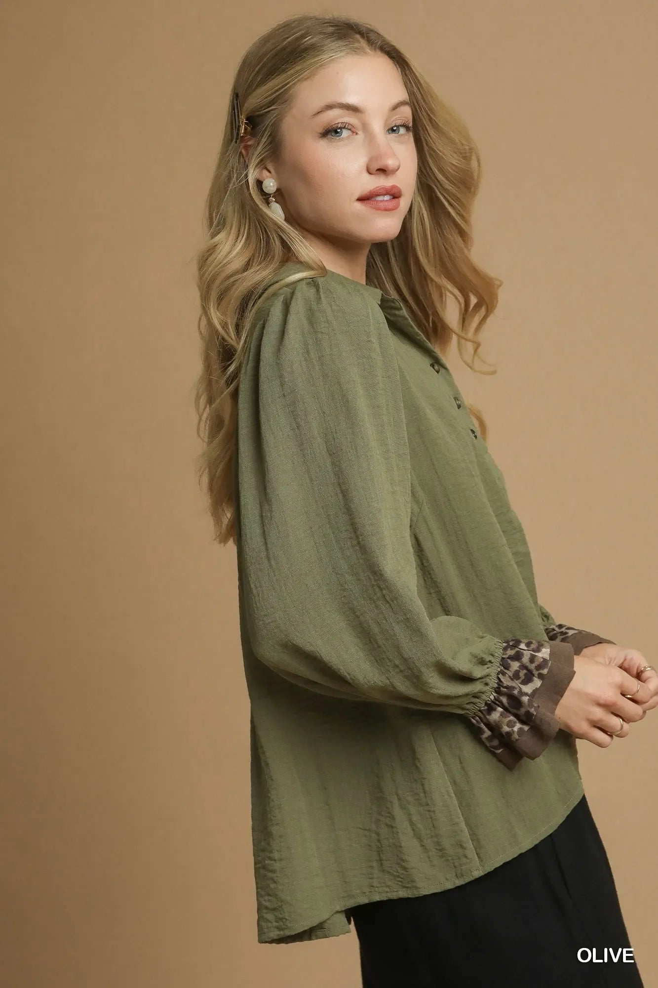 Umgee Half Button Blouse with Leopard Print Trim