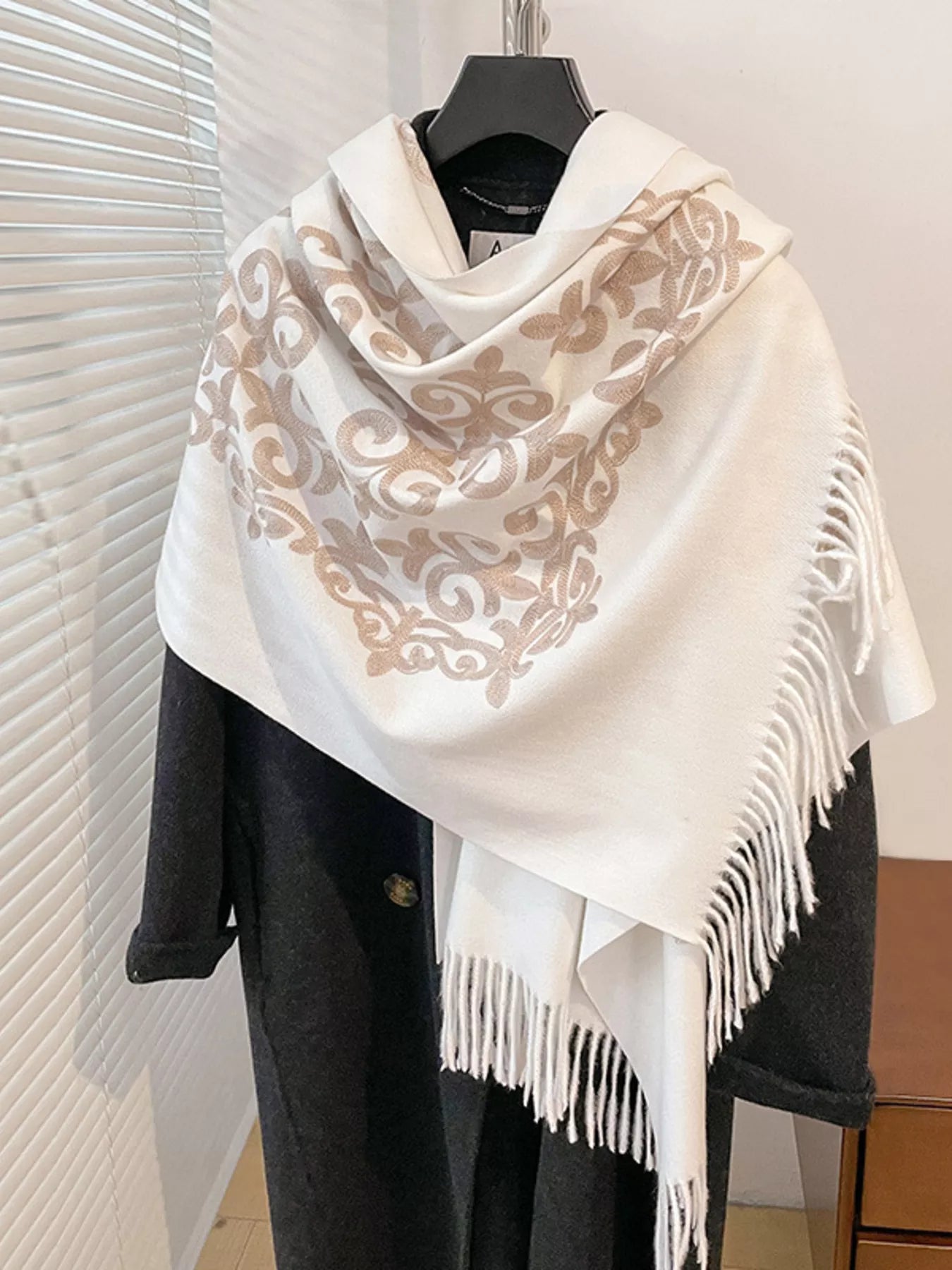 Embroidered Fringe Scarf