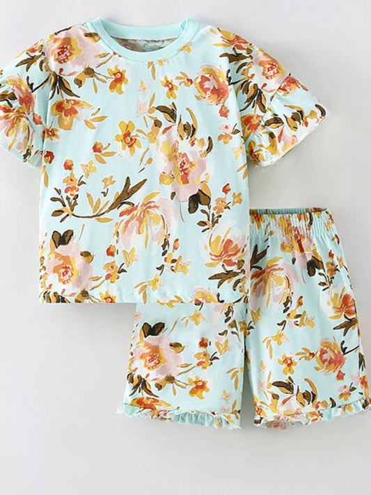 Children's Floral Print Round Neck Top and Shorts Set
