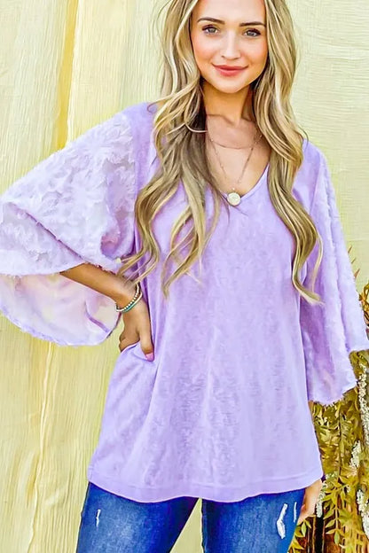 And The Why Feather Detailed 3/4 Sleeve Slub Top