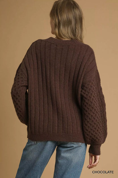 Umgee Cable Knit Pearl Button Cardigan