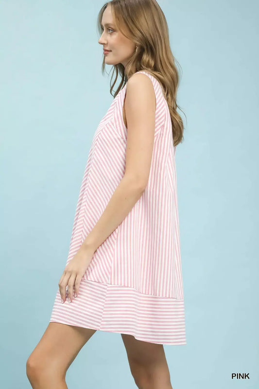 Umgee Sleeveless A-Line Stripe Mini Dress with Pockets