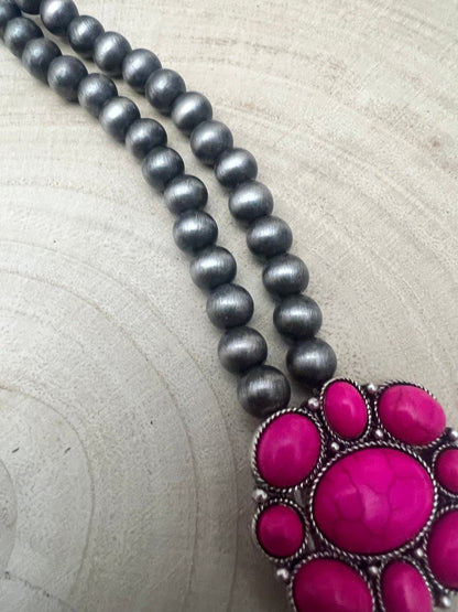 Faux Pink Squash Blossom Necklace on Double Strand Pearls -  18 inch necklace