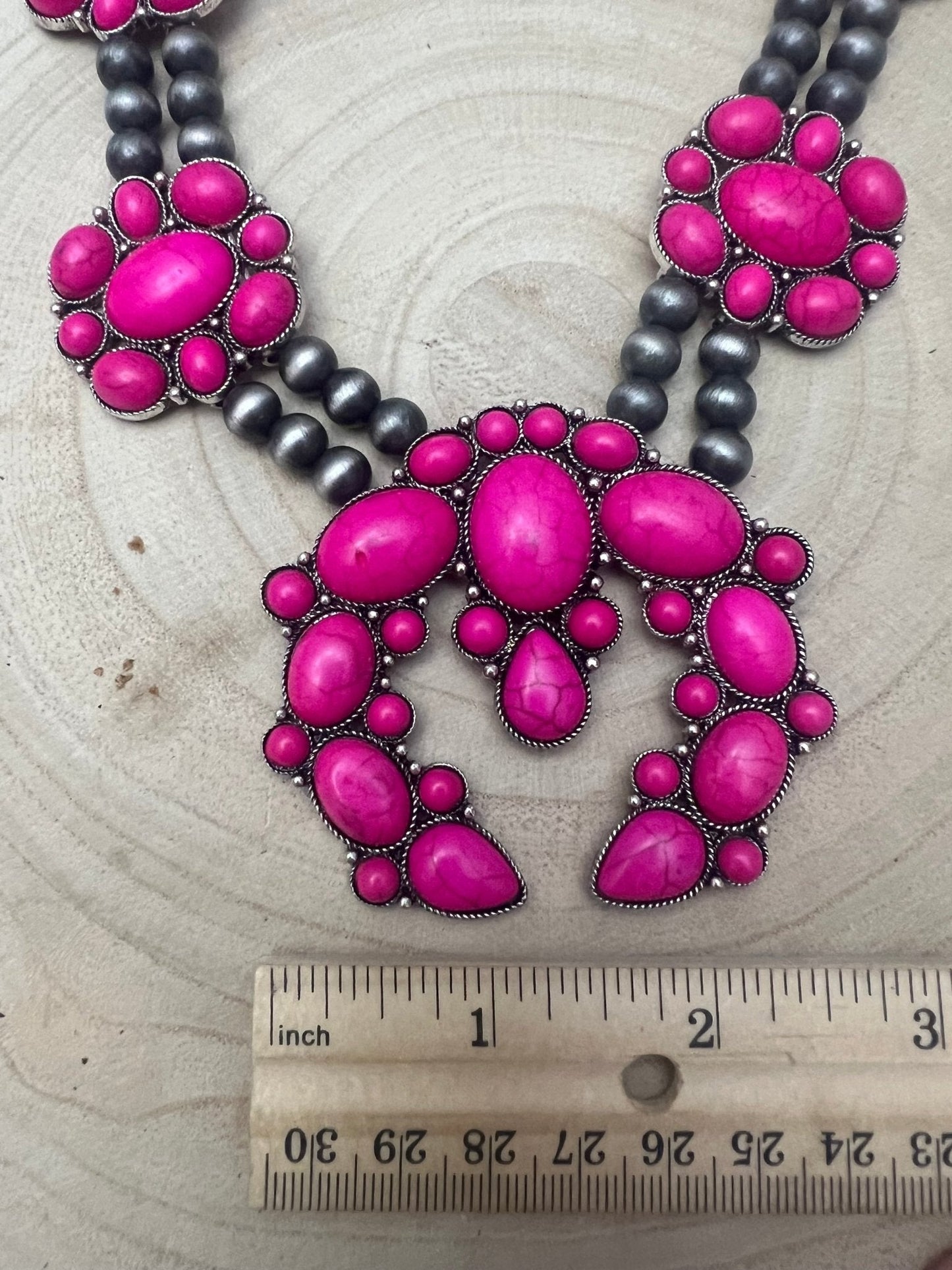 Faux Pink Squash Blossom Necklace on Double Strand Pearls -  18 inch necklace