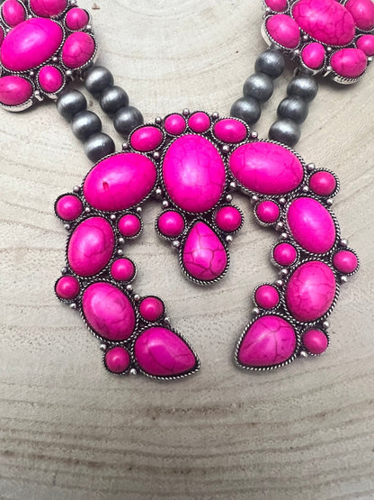 Faux Pink Squash Blossom Necklace on Double Strand Pearls -  18 inch necklace