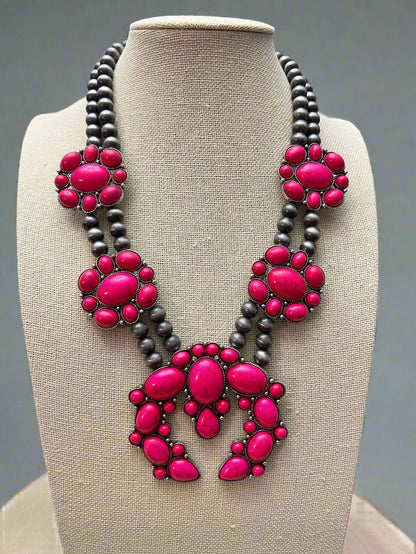 Faux Pink Squash Blossom Necklace on Double Strand Pearls -  18 inch necklace