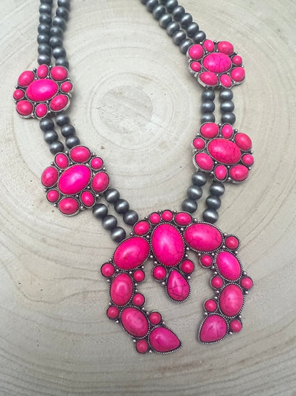 Faux Pink Squash Blossom Necklace on Double Strand Pearls -  18 inch necklace