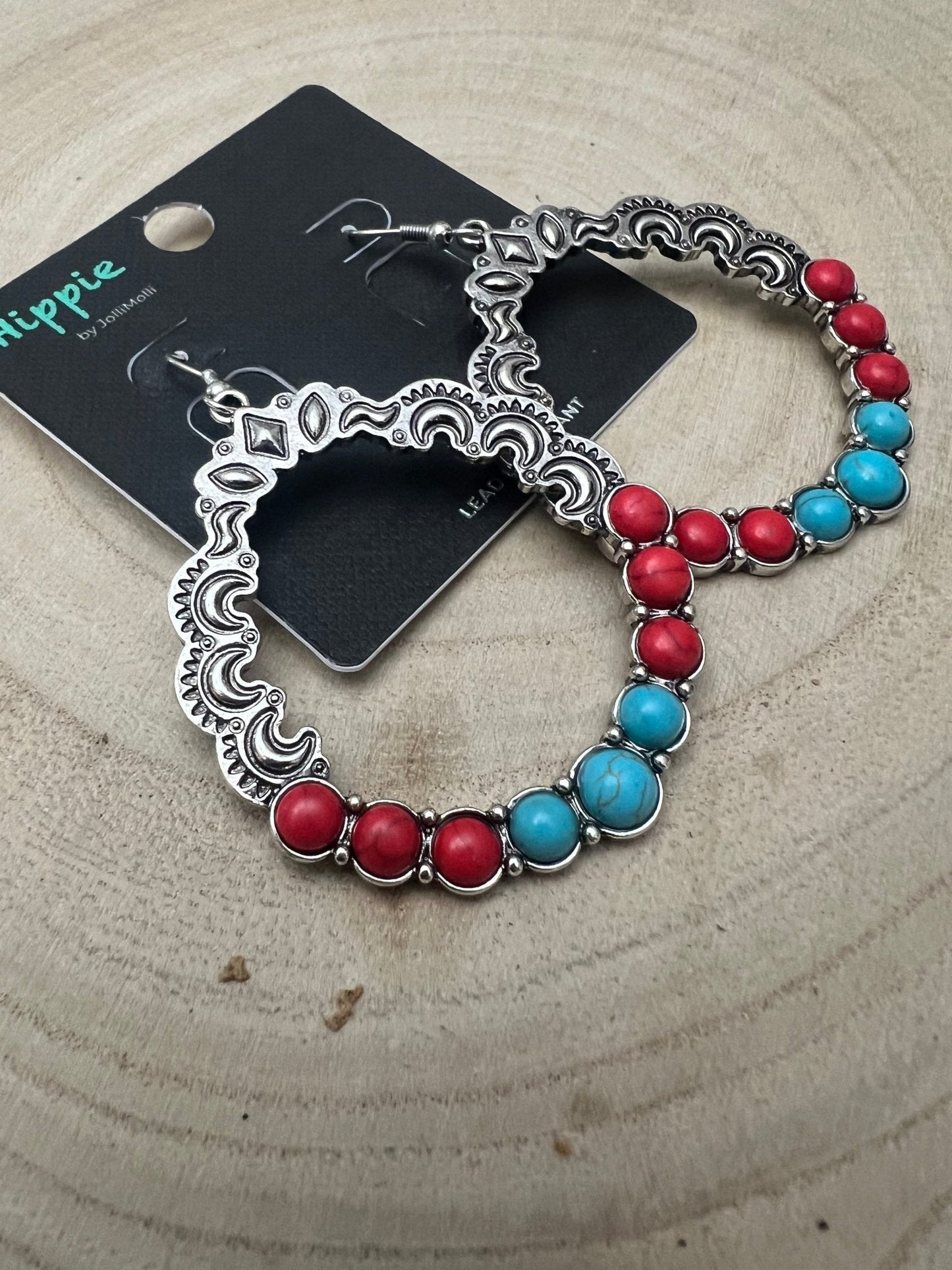 Faux Turquoise and Coral Hoop Earring - 1 3/4 inch drop