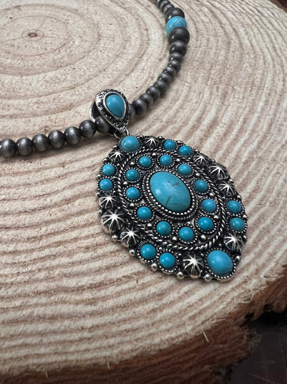 Faux Turquoise and Faux Sterling Pearl Concho Necklace -  20 inch + 3