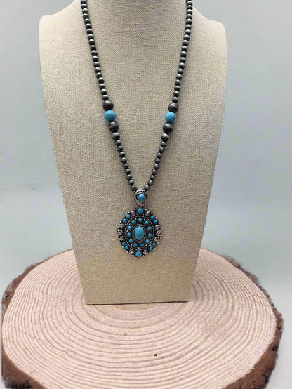 Faux Turquoise and Faux Sterling Pearl Concho Necklace -  20 inch + 3