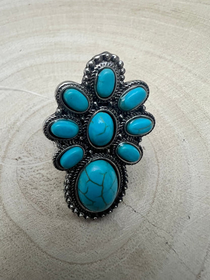 Faux Turquoise Cluster Statement Size Cuff Ring - Adjustable Sizing