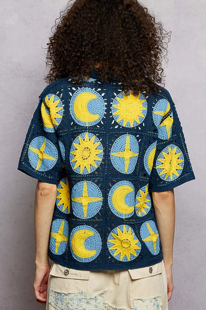 POL Openwork Short Sleeve Crochet Shirt