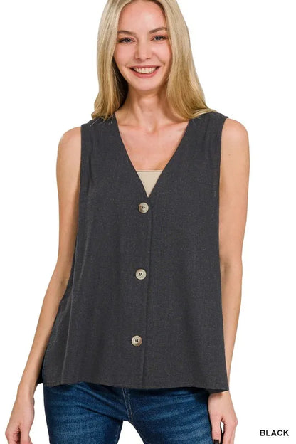 Zenana Side Slit Button-Front Vest