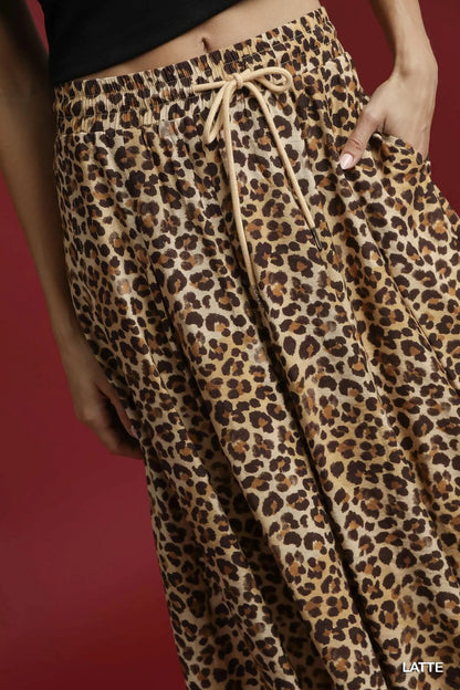 Umgee Drawstring Leopard Midi Skirt