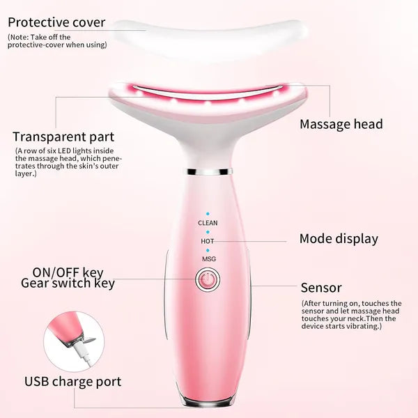 Neck Face Massager, Skin Care Face Massage Tool, 3-in-1 Facial Massager, Face Sculpting Tool With Thermals, Vibration-Pink