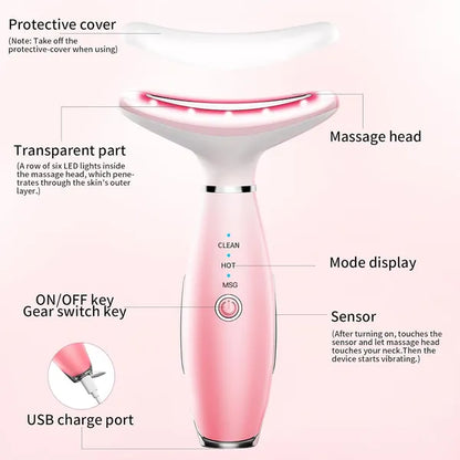 Neck Face Massager, Skin Care Face Massage Tool, 3-in-1 Facial Massager, Face Sculpting Tool With Thermals, Vibration-Pink