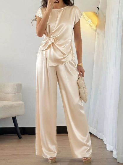 Satin Twist-Front Top and Wide-Leg Pants Set