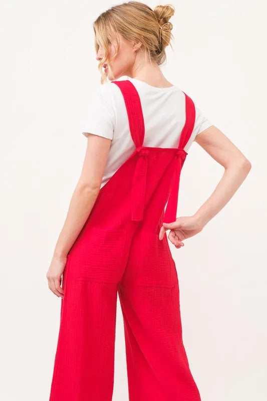 And The Why Gauze Loose Fit Tied Back Overalls