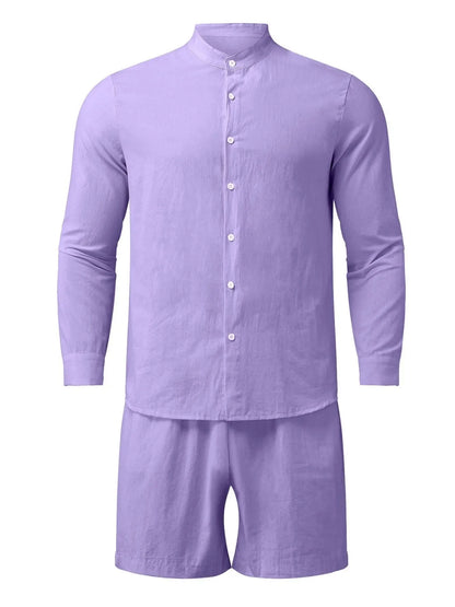 Men's Full Size Button Up Long Sleeve Shirt and Shorts Set Plus Size