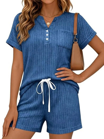 Casual Ribbed Knit Tee and Shorts Set