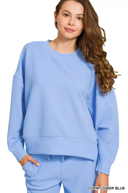 Zenana Ribbed Round Neck Pullover and Drawstring Pants Set