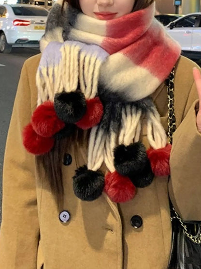 Striped Scarf with Pom-Poms