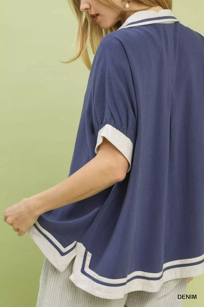 Umgee Linen Button Front Top with Contrast Piping