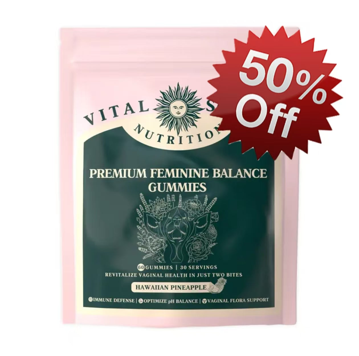 Premium Feminine Balance Gummies - for Women’s Health & Wellness - Immune Support - Vegan, Gluten-Free & Halal - Hawaiian Pineapple - 60 Gummies - 30 Servings