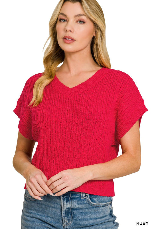 Zenana Textured Knit V-Neck Cropped Sweater
