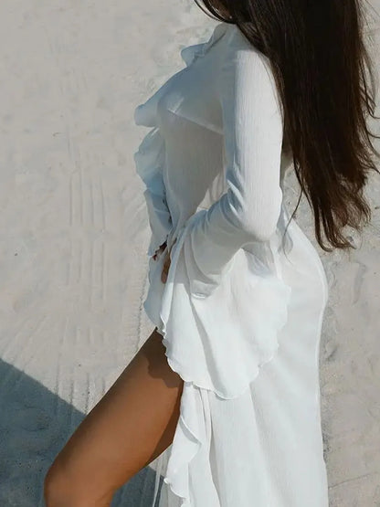 Ruffled Long Sleeve Cover-Up Dress