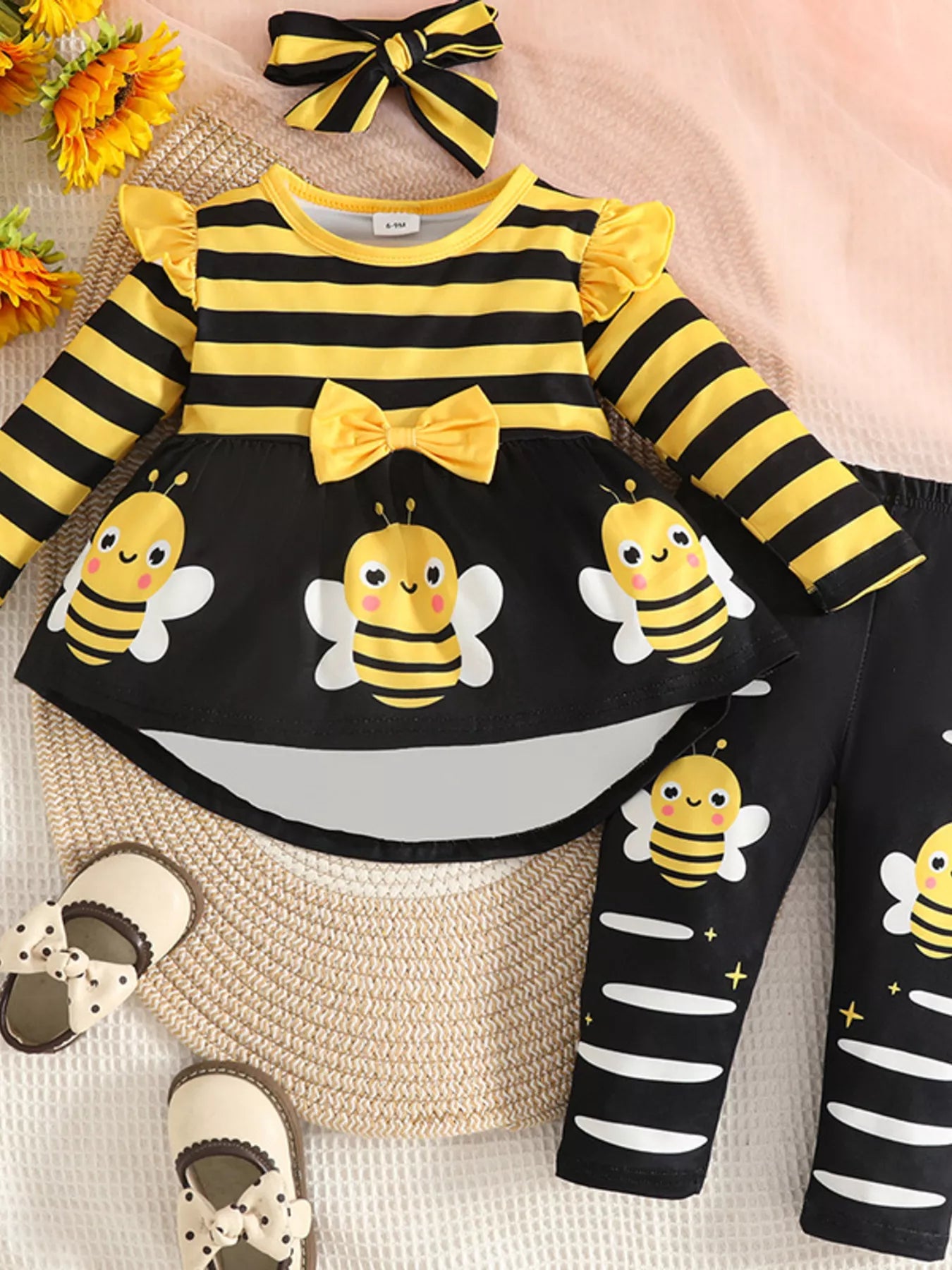 Children's Ladybug Print Ruffle Trim Top and Pants Set