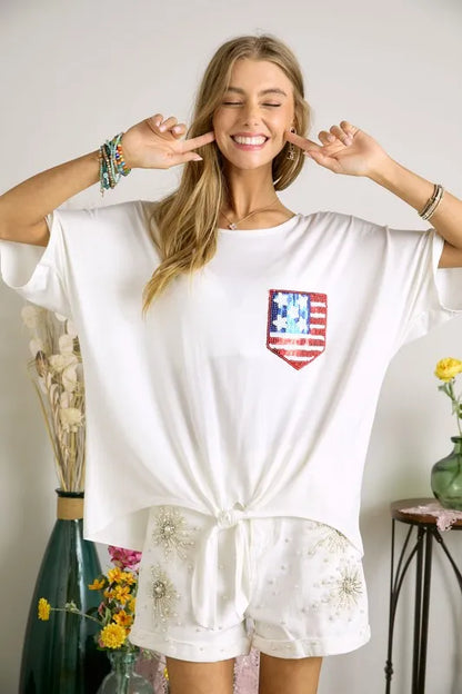 ADORA Sequin US Flag Pocketed Top