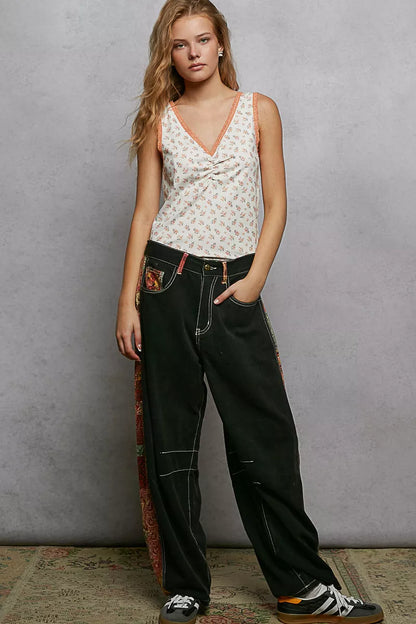 POL Ruched Floral V-Neck Tank with Lace Detail