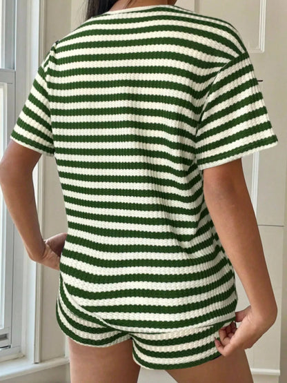 Striped Round Neck Top and Shorts Set