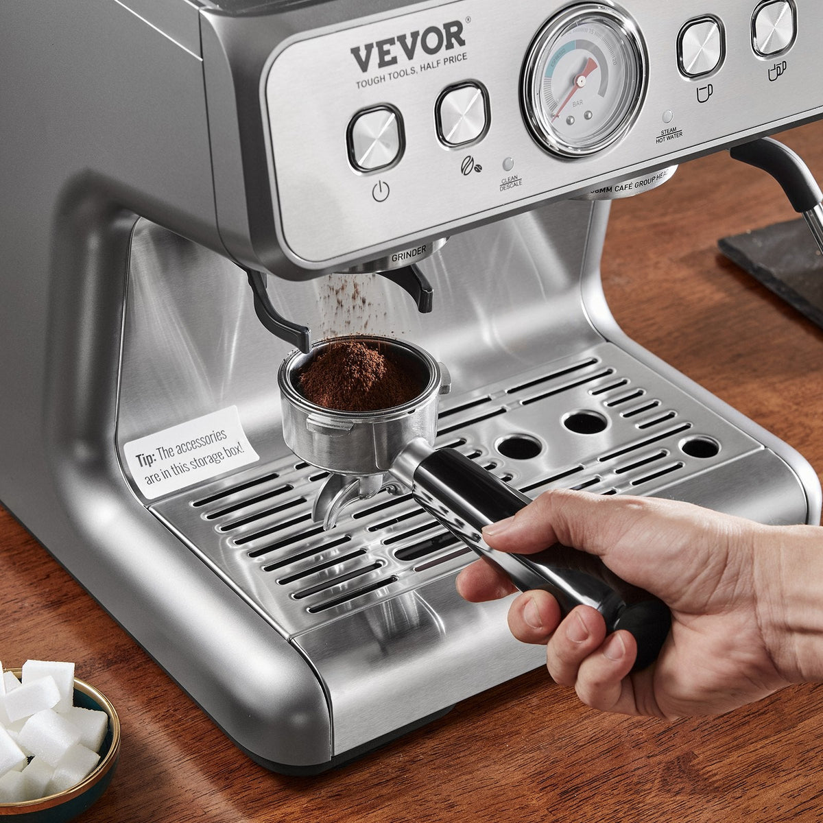 Espresso Machine With Grinder, 15 Bar Semi-Automatic Espresso Coffee Maker With Milk Frother Steam Wand, Removable Water Tank & Pressure Gauge For Cappuccino, Latte, Machiato, PID Control System