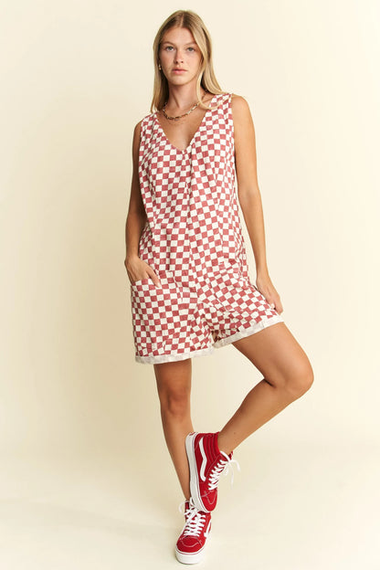 Jade By Jane Plus Size Back Tie Sleeveless Plaid Romper with Pockets