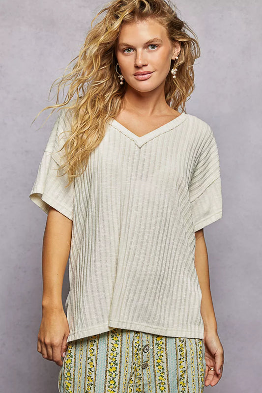 POL Ribbed Knit V-Neck Short Sleeve T-Shirt with Side Slit